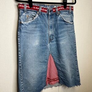 Buzz 18 Upcycled Levi's Denim Skirt Red Gingham Patchwork Size 14